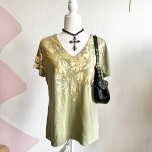 Green Gold Floral Top, Boho, Y2K, Fairycore, Soft Grunge, Earthy, Large, Vintage